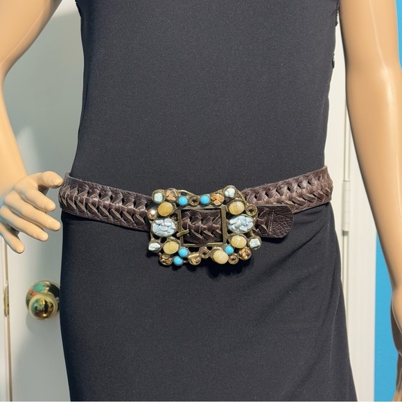 LeatheRock Brown Braided Leather Semi Precious Stone Encrusted Buckle Belt S - Picture 1 of 12
